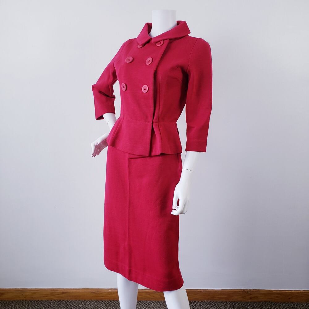 Vintage 1960's Women's 2 Pc Red Wool Dress Suit / Jacket & Skirt Set Sz 12